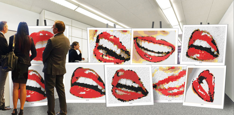 Roter Mund, rote Lippen, schöne Zähne, Zahnkunst, Zahnarzt, Pop Art, Comic Art, Art of Bricks, Brickart, Kunst mit Lego Steinen, Legokunstwerk, Legokunst, Lego Art, Legoart, Legokunst, Bilder aus Legosteinen